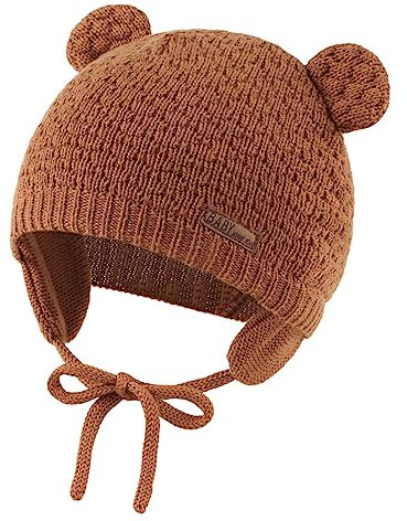 XIAOHAWANG Baby Wintermütze Jungen Mädchen Warmer Strickmützen Weicht Baumwolle-Futter mit Süße Bärenohren Winter Babymütze(Walnuss, 18-36 Months)