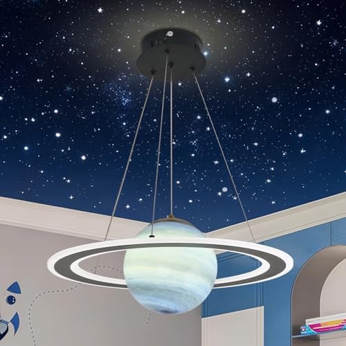 Kikioo Lustre en Verre pour Chambre d'enfant Planet Creative Planet Garçons Filles Lustre en Verre, Space Planet Chambre d'enfant Lampes suspendues au Plafond-Tricolore Bleu Clair