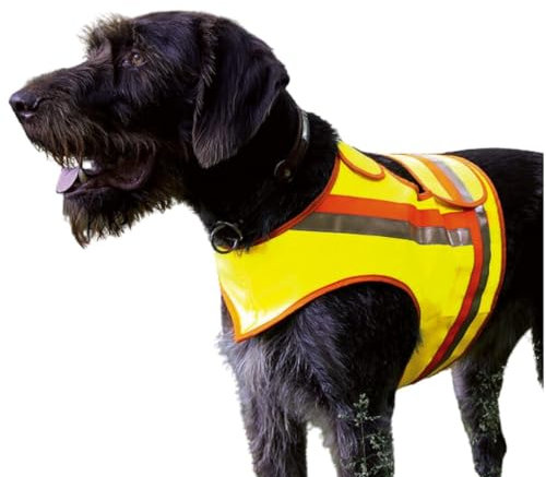 Chaleco reflectante de seguridad para perros de caza a la deriva, tráfico por carretera, así como paseos en la oscuridad, color amarillo y naranja con rayas reflectantes (S)