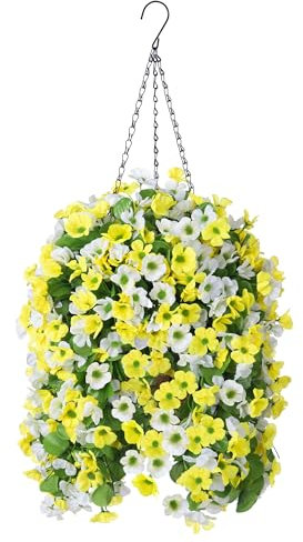 Ammyoo Artificial Hanging Flowers in 12 inch Basket, Fake Plant Silk Orchid Flower Arrangement with Coconut Lining Pot Planter for Patio Garden Porch Deck Spring Summer Decor(Yellow White)