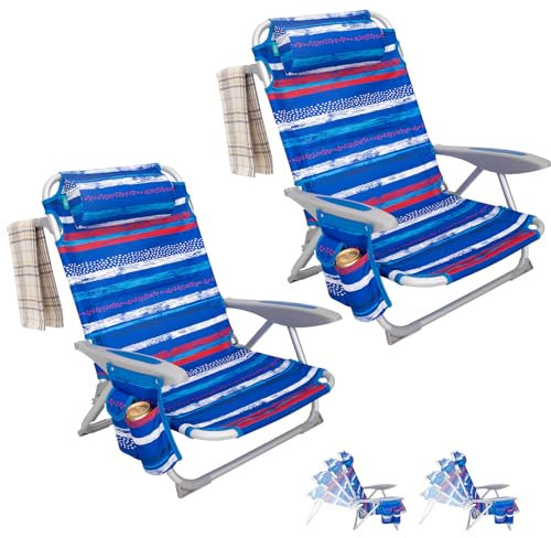 #WEJOY Faltbarer Strandkorb für Erwachsene, 4 Positionen, Aluminium, Leichter Strandstuhl, niedrige Stühle mit Schultergurt, Getränkehalter, gepolsterte Kopfstütze, unterstützt 120 kg für Rasen, Blau