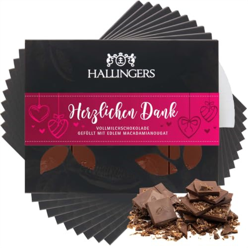 Hallingers Genuss Manufaktur Schokolade Weihnachts-Geschenk - Tafel Edelkakao handgeschöpft ohne Alkohol edler Karton 10x Herzlichen Dank Macadamia-Nougat, Weihnachten für Frauen Männer
