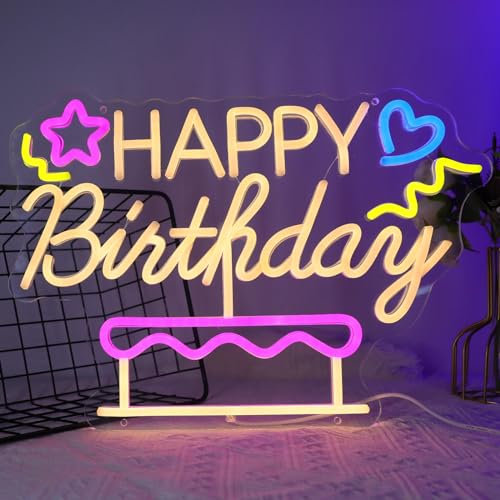 DWOOKE Happy Birthday Neonschild, LED-Neonlicht für Wanddekoration, Happy Birthday, Neonlicht, USB-betrieben mit dimmbaren Kuchen-LED-Schildern, beleuchtetes Schild für Geburtstagsparty-Dekoration