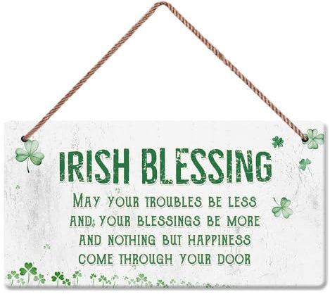 LSODOIEI St. Patrick's Day Holzschild Kleeblatt Irischer Segen Glück Freundschaft Glückshausschild Hängende Haustür Zimmer Wanddekoration Ornament Geschenk 12,7 x 25,4 cm Weiß