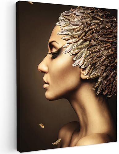 MuchoWow© Bilder 60x80 cm Wohnzimmer Deko Modern Wandbild Foto auf Leinwand Bild Schlafzimmer über Bett Room Decor Geschenke Frau - Federn - Gold - Porträt - Luxus