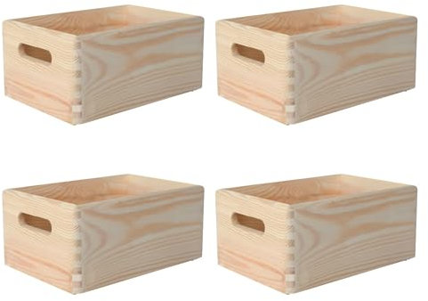 Creative DECO 4 x Grande Caja Madera Decorativa Almacenaje | 30 x 20 x 13 cm (+/-1cm) | Asas | Cesta Cajón Baúl Cofre Multiusos Decoupage Decorar Fruta Documentos Objetos Juguetes Herramientas