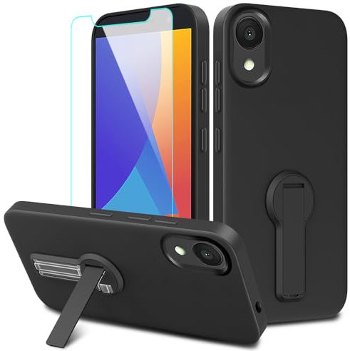 Case for Alcatel 1 2021 5.0 Phone Case with Glass Screen Protector, 360° Rotatable Folding hidden Kickstand/Stand Silicone TPU Shockproof Protective Cover Case for Alcatel 1 (5.0) 2021 - Black