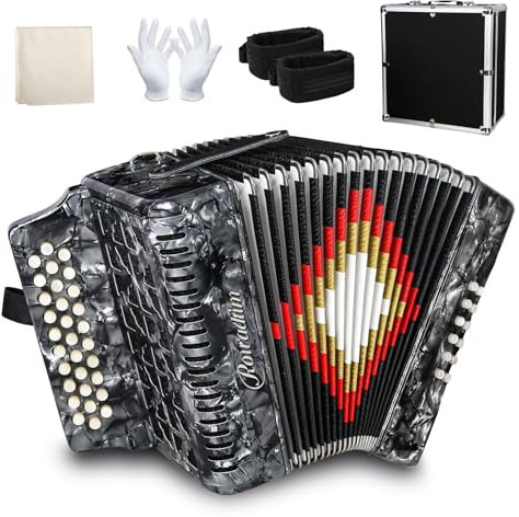 Akkordeon – 31 Tasten, 12 Bass, professionelle diatonische, tragbare Premium-Akkordeon für Erwachsene und Anfänger, mit dicker Schutzhülle (grau)