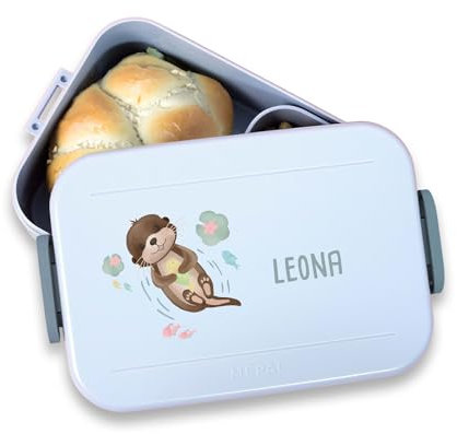hellomini Mepal Brotdose - Personalisiert - Brotdose Kinder mit Fächern - Snackbox mit Fächern - Lunchbox, Bento Box Geschenk zu Einschulung - Einschulungsgeschenk (Otter, Pink)