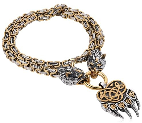 Flongo Wikinger Wolf Halskette für Herren: Wolfskopf Bear Claw Anhänger Chunky Amulett Edelstahl Halsreif Byzantinische Kette Punk Hip Hop Norwegischer Vintage Silber schwarz gold Königskette 51cm