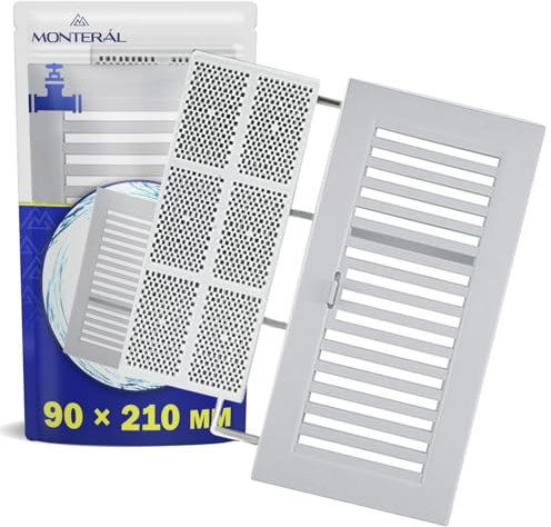 Rejilla Ventilacion Rectangular 90 x 210 mm está Equipada con un Mecanismo Ajustable y Mosquitera Fabricada en Plástico Blanco - Garantía de 10 Años - MONTERAL