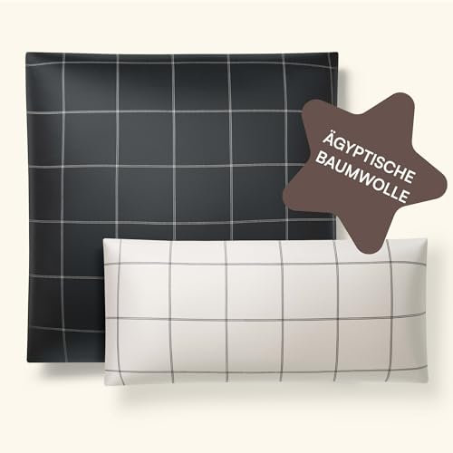 Amqua Kopfkissenbezug 80x80 Baumwolle (2er Set) Kariert | Ägyptische Baumwolle Kissenbezug Beige Anthrazit | Weich Wie Seidenkissenbezug | Mako Satin