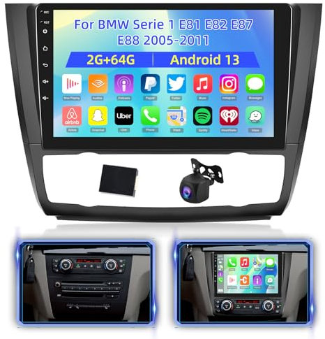 NHOPEEW 2+64G Radio Android 9 Pouces pour BMW Serie 1 E81 E82 E87 E88 2005-2011 - Wireless CarPlay & Android Auto, Navigation GPS, Contrôle du Volant, FM RDS + Caméra de Recul