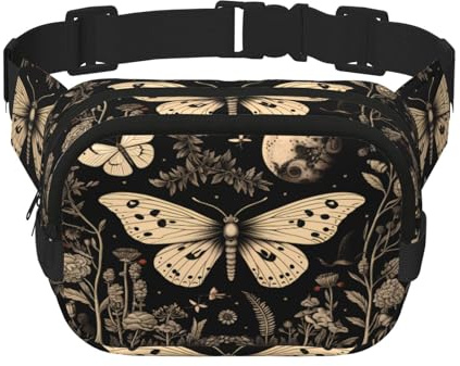 Mexpekil Bauchtasche, Vintage, Gothic, Blumenmuster, Mond, Schmetterling, Bauchtasche, für Damen und Herren, wasserdicht, modisch, mit verstellbarem Riemen, Crossbody-Gürteltasche zum Laufen, Wandern,