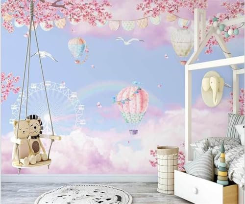 Pink Flowers Hot-Air Balloon Ferris Wheel Flying Birds Butterflies 3D Wallpaper Home Study Office Dining Room Sofa Bedroom Living Room TV Backdrop-430cm×300cm