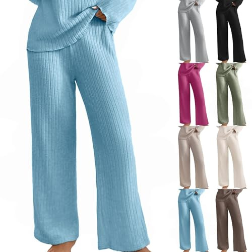 Homewear Hose Damen Strick, Strickhose Damen Winter Gerippt High Waist Weites Bein Lange Rippenstrick Freizeithose Lockere Einfarbig Stoffhose Lässig Ribbed Straight Leg Pants Trousers
