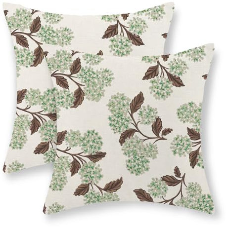 JEFERSO Lot de 2 housses de coussin décoratives à motif floral et hortensia rustique, en lin pour décoration de canapé, sofa, 45,7 x 45,7 cm, marron et vert