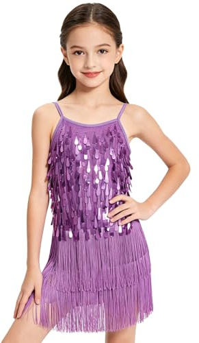 LOLANTA Mädchen Pailletten Fransen Tanzkostüm, Kinder Salsa Rumba Latein Tanzkleidung Set, Glitzerndes ärmelloses Quasten Tanz Mini Kleid mit Shorts