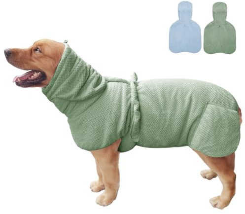 KOOGAL Medium to Large Size Dog Bathrobe, Quick Drying Super Absorbent, Warm Dog Towels, Adjustable Hoodies and Belts for Dog Bath Products (Green Jacquard, 5XL-Fit for 75 to 95 pounds)