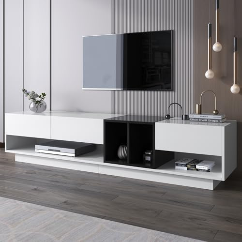 FammyLoft 190cm High Gloss TV Unit, TV Stand Unit with 3 Drawers and 4 Compartments, Entertainment Unit for Living Room, Multiple Storage Spaces, White and Black