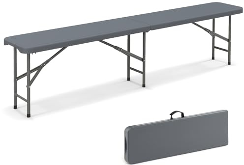 GYMAX Bierbank Klappbar, 180 cm Klappbank aus Kunststoff mit Tragegriff & Schloss, Campingbank Bierzeltbank, Gartenbank, Sitzbank bis 600 kg belastbar (Grau)