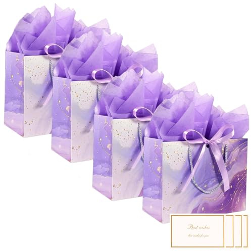 4 Stück Geschenktüten, Gift Bag, 4 Geschenktüte Groß 4 Grußkarten 8 Sydney Paper, Papiertüten mit Griff, Geschenkverpackung für Geschenk, Geburtstag, Feier, Hochzeit(Violett)