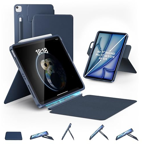 HOU 360° Drehbare Hülle für iPad Air 11 Zoll, Pro 11, Air 5/4 Generation, Freier Neigungswinkel (0-155°), Schutz vor Sturzschäden, Abnehmbarer Bildschirmabdeckung, 2 Stifthalter, Blau