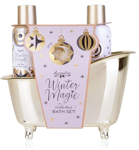 Accentra Badeset WINTER MAGIC in dekorativer Badewanne aus Plastik, 100ml Duschgel, 100ml Bodylotion, 15g Netzschwamm, Vanilla Musk Duft, Frauen Geschenk für Weihnachten