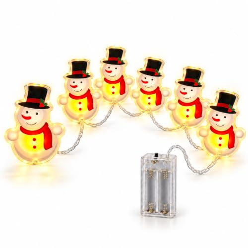 Brandsseller Fensteraufkleber LED Weihnachts Lichterkette 6 warmweisse LED 6/18h Timer wiederverwendbar Batteriefach Schneemann