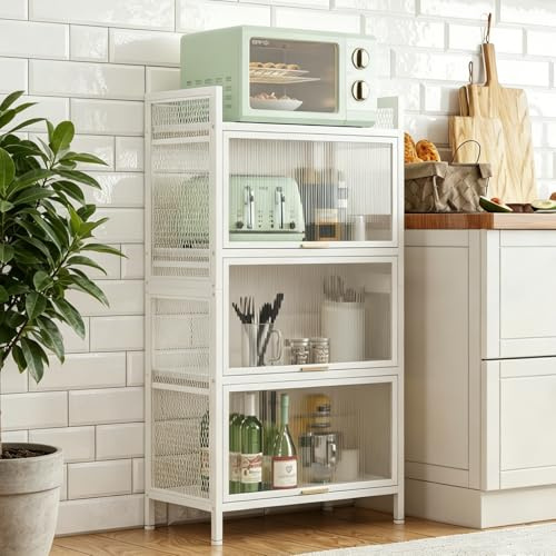 LEADZM 4-stufiges Küchenschrank, Buffetschrank, Küchenregale Stehend, Weiß | Mikrowellenschrank mit halbtransparenter PC-Tür, Bäckerregal, Standregal, Lagerregal für Küche Wohnzimmer