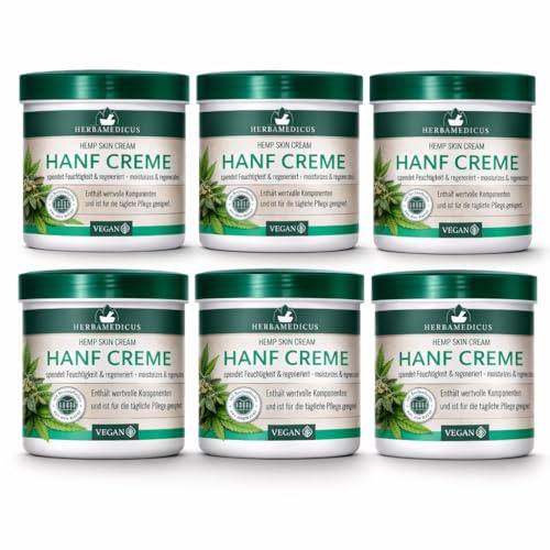 Herbamedicus Hanf Creme mit Hanföl und Kokosnussöl, Vegan, für Trockene Haut, Feuchtigkeitspflege, 6x250 ml