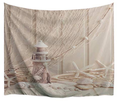 A.Monamour Wanddekor Wandbild Vorhang Wandteppiche Beige Hintergründe Angeln Netz Starfish Holz Leuchtturm Bild Druck Stoff Tapisserie Wand Hängende Dekoration Für Zu Hause Zubehör 153x102cm