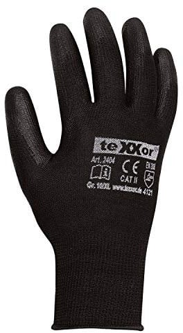 texxor 12 Stück Polyester-Strickhandschuhe 2404, PU beschichtet, Packung, schwarz, 8/M, Strickhandschuhe, Arbeitshandschuhe, Schutzhandschuhe