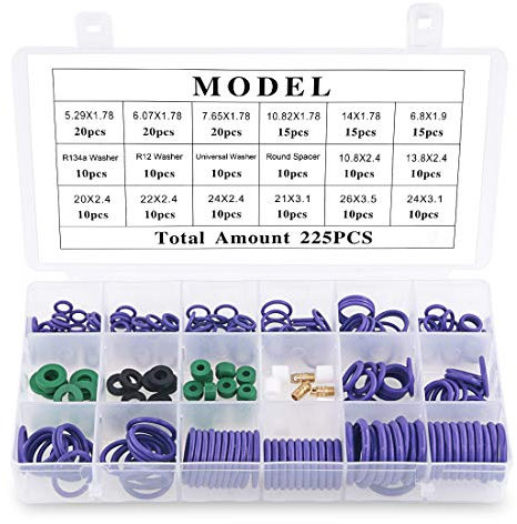 Glarks Lot de 225 joints toriques en caoutchouc avec rondelle d'espacement, assortiment de joints de compresseur de climatisation de voiture 18 tailles