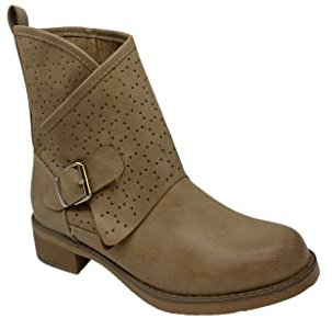FASHION MODA Stivali Primaverili Estivi da Donna Traforati Biker Motociclista Moda Nero Nuovi Primavera Estate Nero Beige Fibbia Tacco Basso Comodi G630 (Beige, Numeric_38)