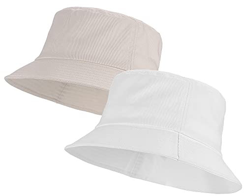 Umeepar 100% Baumwolle Fischerhut Sonnenhut Sommerhut Hut 2er-Pack for Damen Herren (DE/NL/SE/PL, Alphanumerisch, Einheitsgröße, Weiß + Beige)