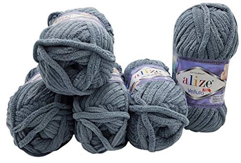 5 x 100 Gramm Alize Velluto Strickwolle, Babywolle, 500 Gramm Wolle Super soft Bulky (dunkelgrau 87)
