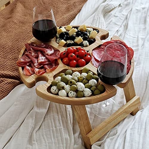 ZYLLZY Tavolo da picnic pieghevole in legno con supporto per bicchieri di vino rosso, piatto portatile a compartimenti per formaggio e frutta, tavolo pieghevole per viaggi giardino piccolo