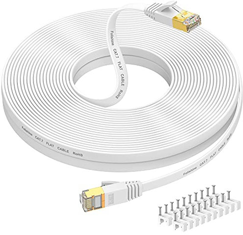 Folishine Cable Ethernet de 25m, Cat7 de alta velocidad con conector RJ45 chapado en oro, cable LAN blindado para interruptor de red, más rápido que Cat5/Cat5e/Cat6-blanco