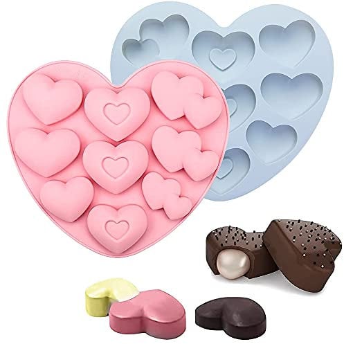 2 Pièces Moule en Silicone Cœur 3D, 3 Formes et 9 Trous, pour Chocolat, Gâteaux, Gelée, Savon (Rose, Bleu)