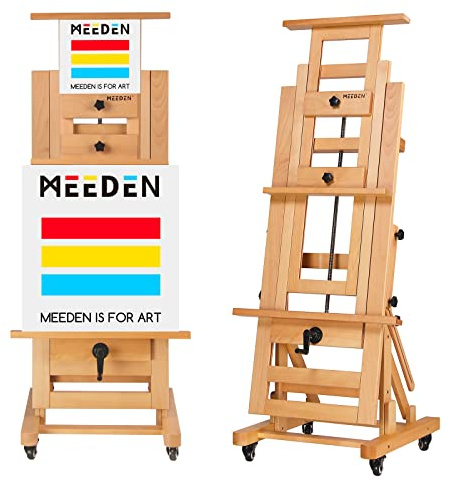 MEEDEN Deluxe Large Rocker Crank Studio Easel,Heavy Duty Artist Painting Easel,Solid Beech Wood with Adjustable Height,Movable and Tilting Flat H-Frame Easel,Holds Art Canvas Up to 76.7