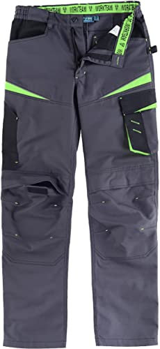 Work Team Pantalón de Trabajo, Tejido Canvas (Extremadamente Resistente y Duradero). Elástico en la Cintura. Unisex Gris Oscuro+Negro+Verde Lima XXL