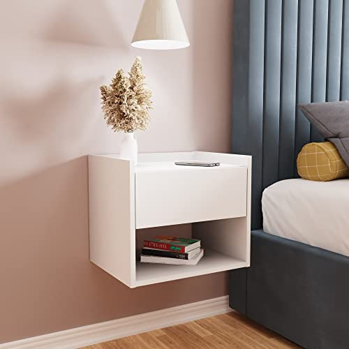 GFW Harmony Pair of Wall Mounted Minimalistic Floating Bedside Tables with Storage Drawer & Shelf, White, 42.5 x 33 x 36 cm