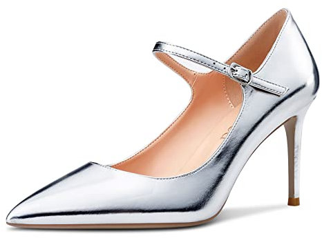 Saekcted Women High Heels Pumps Pointed-Toe Mary-Jane Stiletto Pump Evening Shoes 3 Inch Heel Silver Matte 2.5 UK