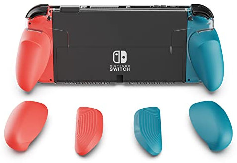 Skull & Co. GripCase OLED for Nintendo Switch OLED Model: A Dockable Transparent Protective Cover Case with Interchangeable Grips [to fit All Hands Sizes] [No Carrying Case] - Neon Blue(L)+Neon Red(R)