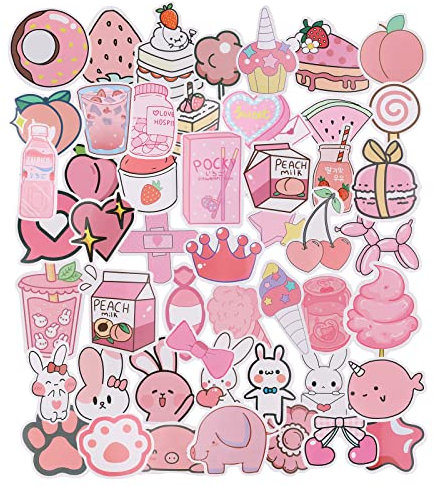 KINBOM 50 Stück Rosa Süße Aufkleber Selbstklebend Wasserdichte Vinyl Aufkleber Abziehbilder Kawaii VSCO Aufkleber für Laptops Wasserflaschen Sammelalben Tagebuch Mädchen Teenager (Verschiedene Muster)