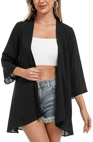 Irevial Chiffon Kimono Damen 3/4 Arm Lang Cardigan Sommer Strand Cover Up | Loose, Leicht, Dreiviertelärmel, Komfort, Casual, Strickjack für Bikini Party