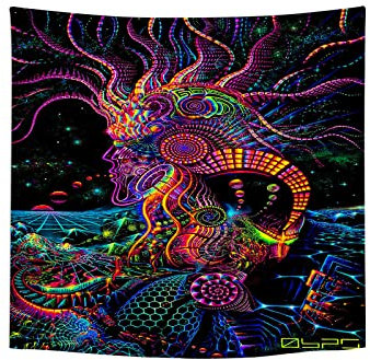 Roninkier Wandteppich Anime Psychedelic-Fluoreszierend Tapisserie - Schwarz UV Wandtücher Gothic Wandbehang Aesthetic Wanddekoration Abstrakte Kunst Wandtuch für Schlafzimmer,150x130cm