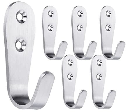Beilala Coat Hooks Wall Mounted, 6 Pack Brushed Stainless Steel Door Hooks Heavy Duty Single Wall Hook, Large J Metal Hook for Clothes Robe Towel Hat Bag Key Cup