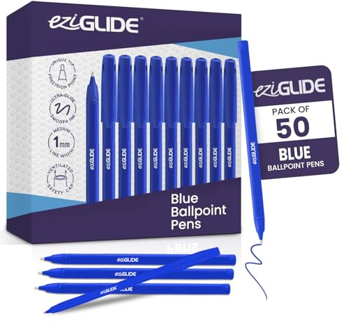 Eziglide Ballpoint Blue Pens, Medium Point Nib (1.0mm), 50-Pack | Effortless Writing & Comfortable Grip – Blue Pens Ideal for Adults, Teachers, Home, Office, Exams, School, & Everyday Use